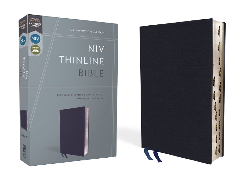NIV, Thinline Bible, Red Letter, Comfort Print – Bonded Leather, Navy, Thumb Indexed by HarperCollins