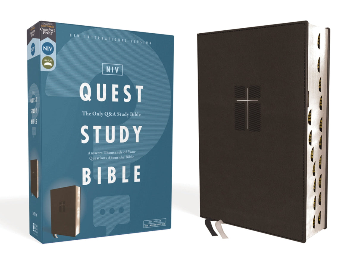 NIV, Quest Study Bible, Comfort Print: The Only Q and A Study Bible – Leathersoft™, Black, Thumb Indexed by HarperCollins