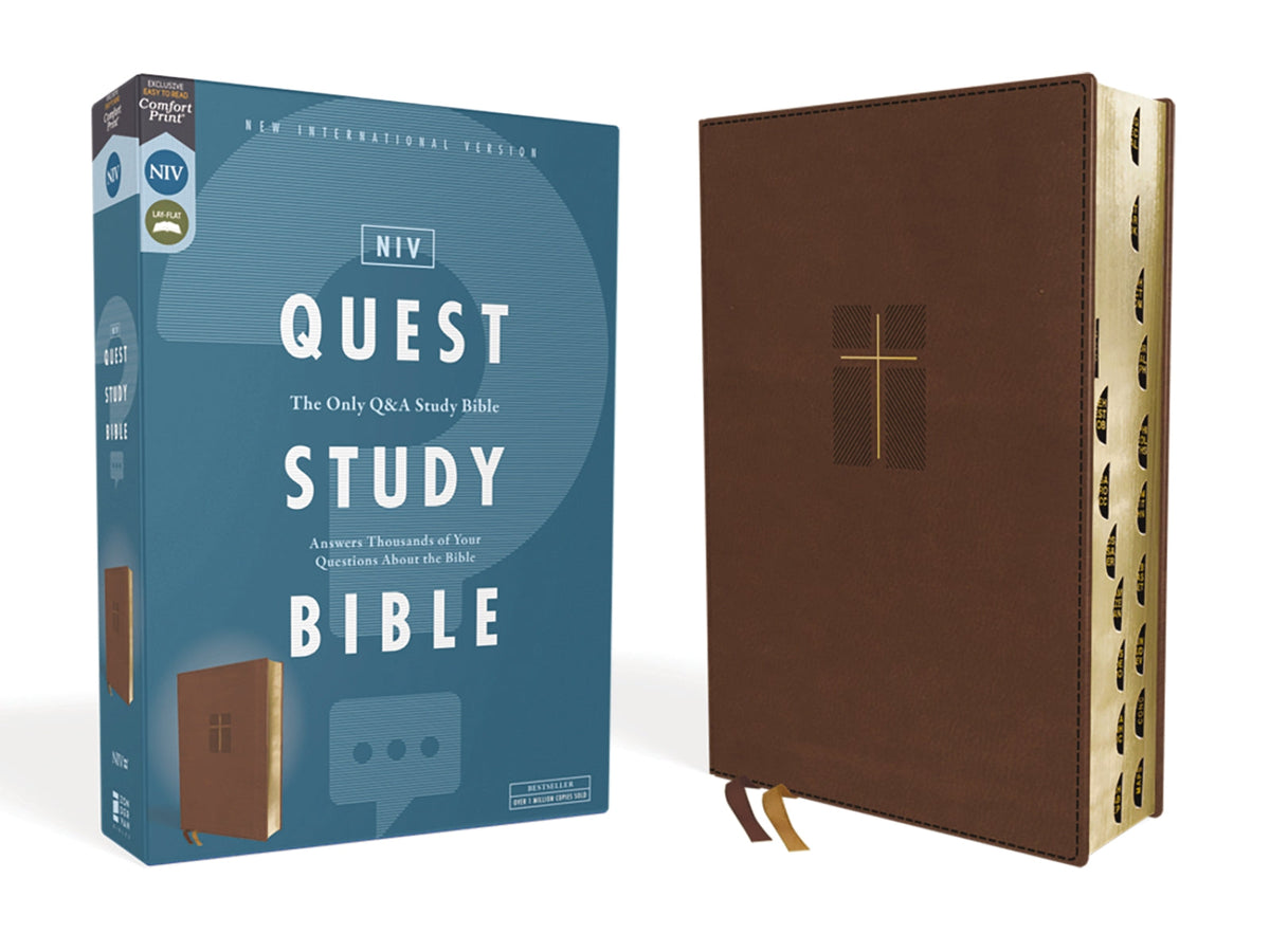 NIV, Quest Study Bible, Comfort Print: The Only Q and A Study Bible – Leathersoft™, Brown, Thumb Indexed by HarperCollins