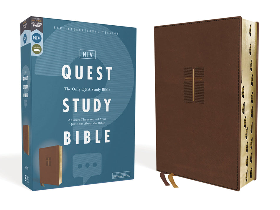 NIV, Quest Study Bible, Comfort Print: The Only Q and A Study Bible – Leathersoft™, Brown, Thumb Indexed by HarperCollins