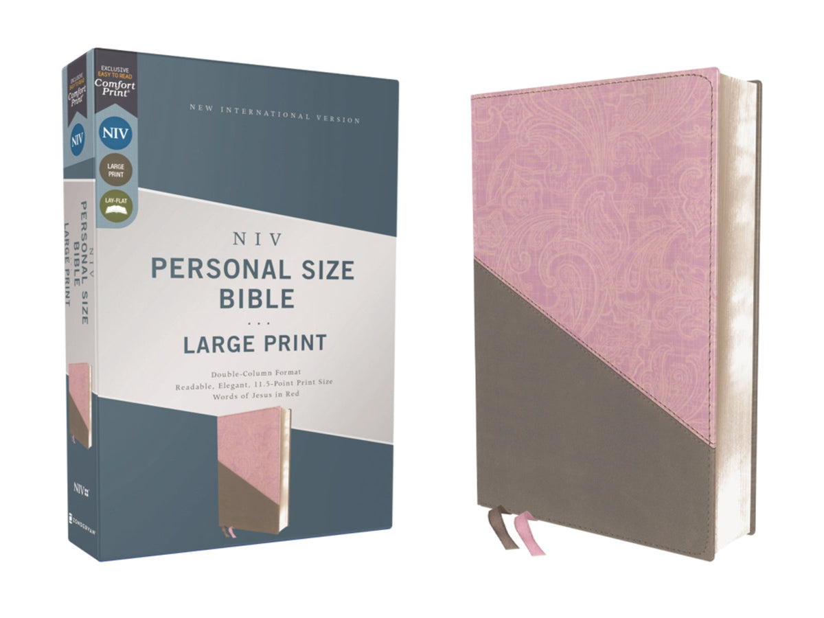 NIV, Personal Size Bible, Large Print, Red Letter Edition, Comfort Print – Leathersoft™ Large Print, Pink/Gray