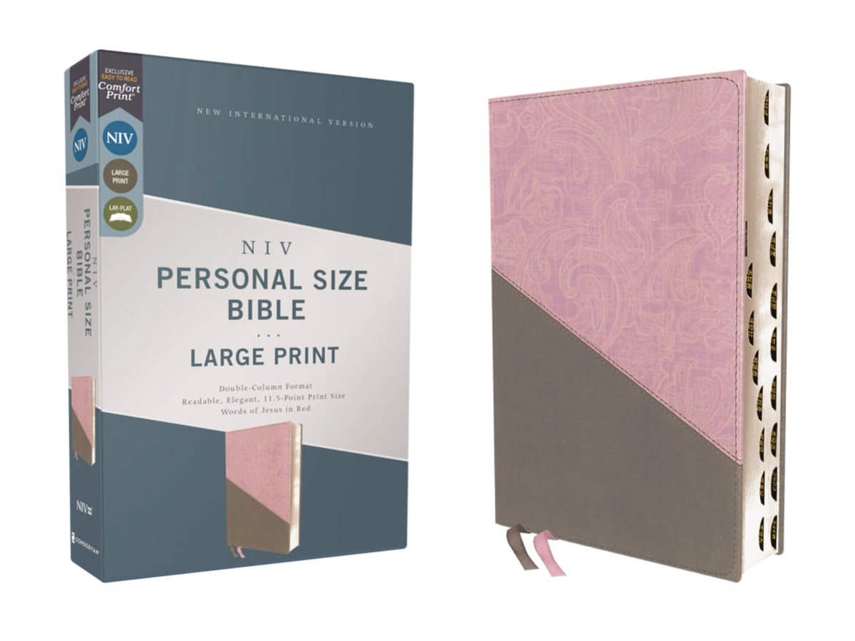 NIV, Personal Size Bible, Large Print, Red Letter Edition, Comfort Print – Leathersoft™, Pink/Gray, Thumb Indexed
