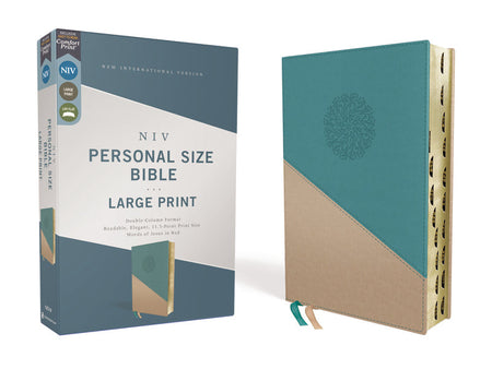 NIV, Personal Size Bible, Large Print, Red Letter Edition, Comfort Print – Leathersoft™, Teal/Gold, Thumb Indexed
