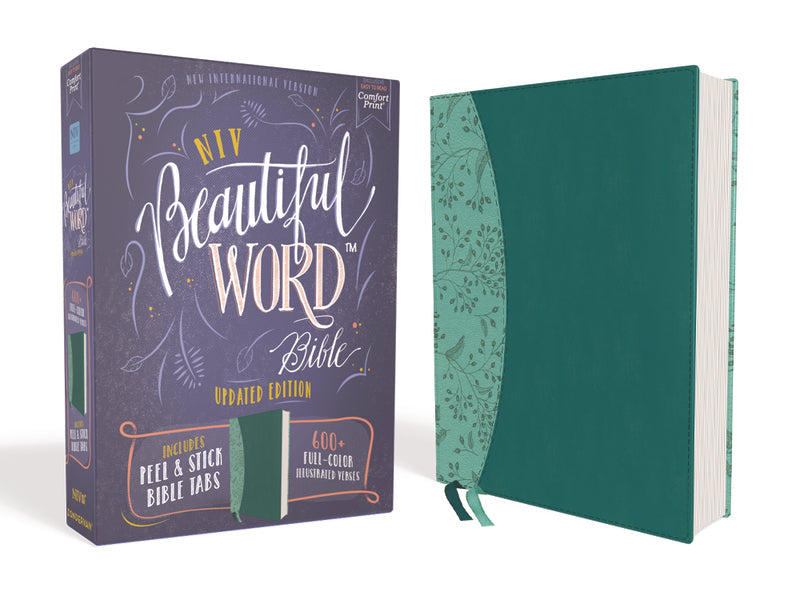NIV, Beautiful Word Bible, Updated Edition, Peel/Stick Bible Tabs, Red Letter, Comfort Print – Leathersoft™, Teal