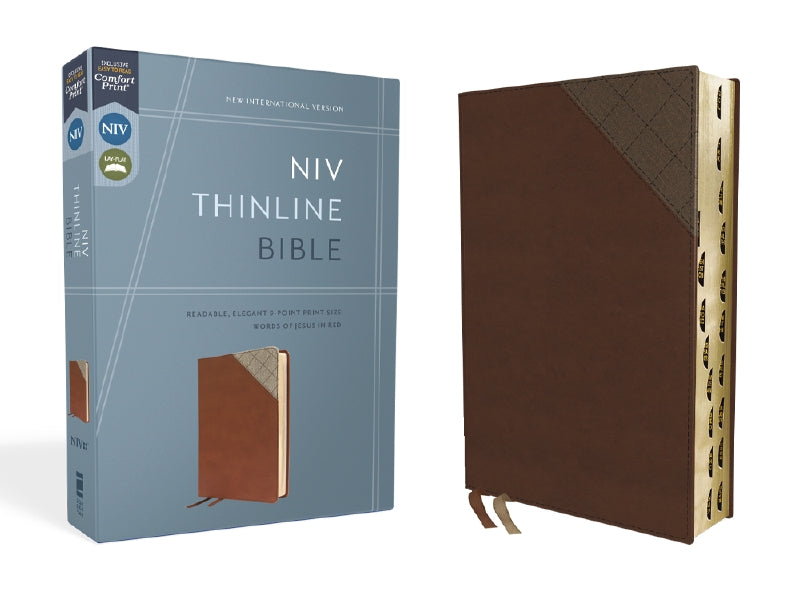 NIV, Thinline Bible, Red Letter, Comfort Print – Leathersoft™, Brown, Thumb Indexed by HarperCollins