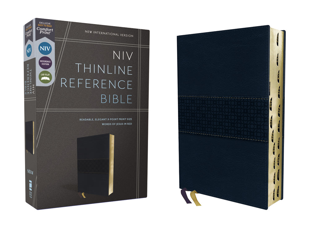 NIV, Thinline Reference Bible, Red Letter Edition, Comfort Print – Leathersoft™, Navy, Thumb Indexed by HarperCollins