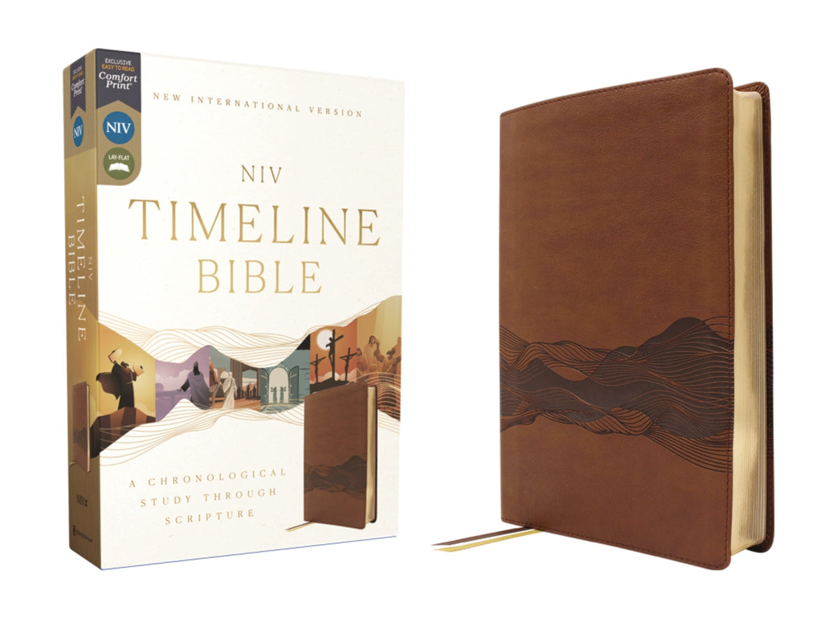 NIV, Timeline Bible, Red Letter, Comfort Print: A Chronological Study through Scripture – Leathersoft™, Brown