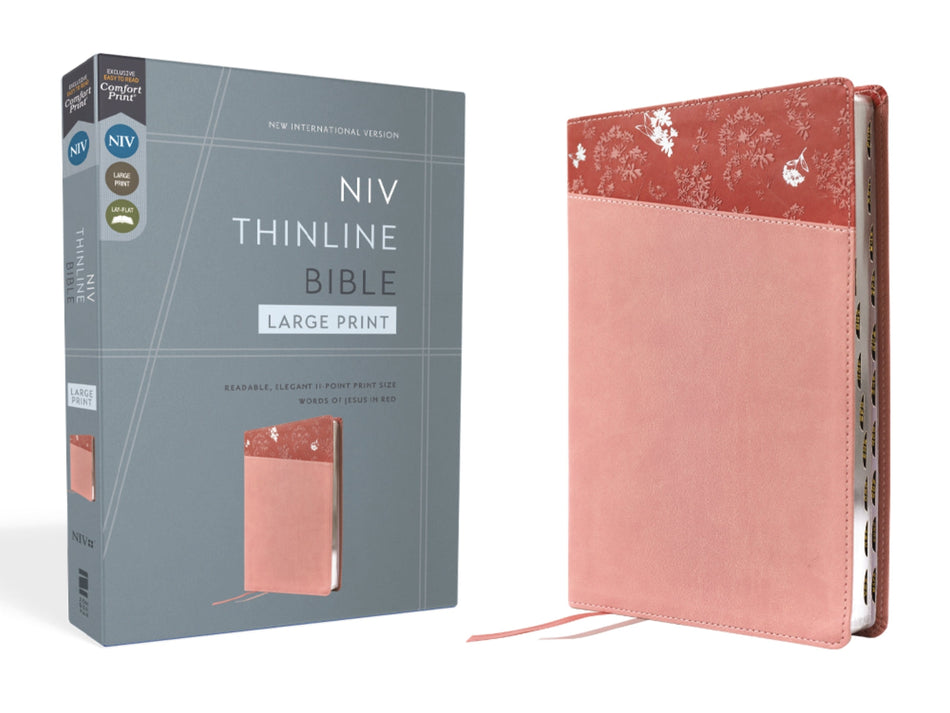 NIV, Thinline Bible, Large Print, Red Letter, Comfort Print – Leathersoft™, Pink, Thumb Indexed by HarperCollins