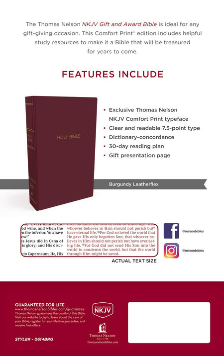 Gift and Award Bible (NKJV) - Red Letter Version - Burgundy Leather-Look by HarperCollins, product view 3
