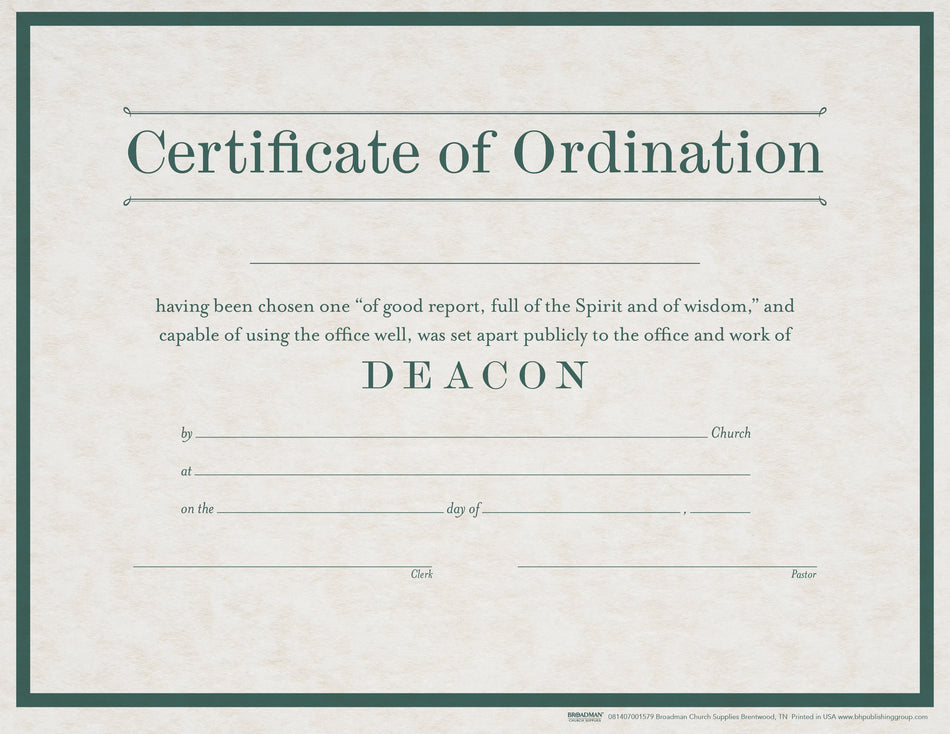 Certificate of Ordination for Deacon - Pack of 6 by Broadman and Holman