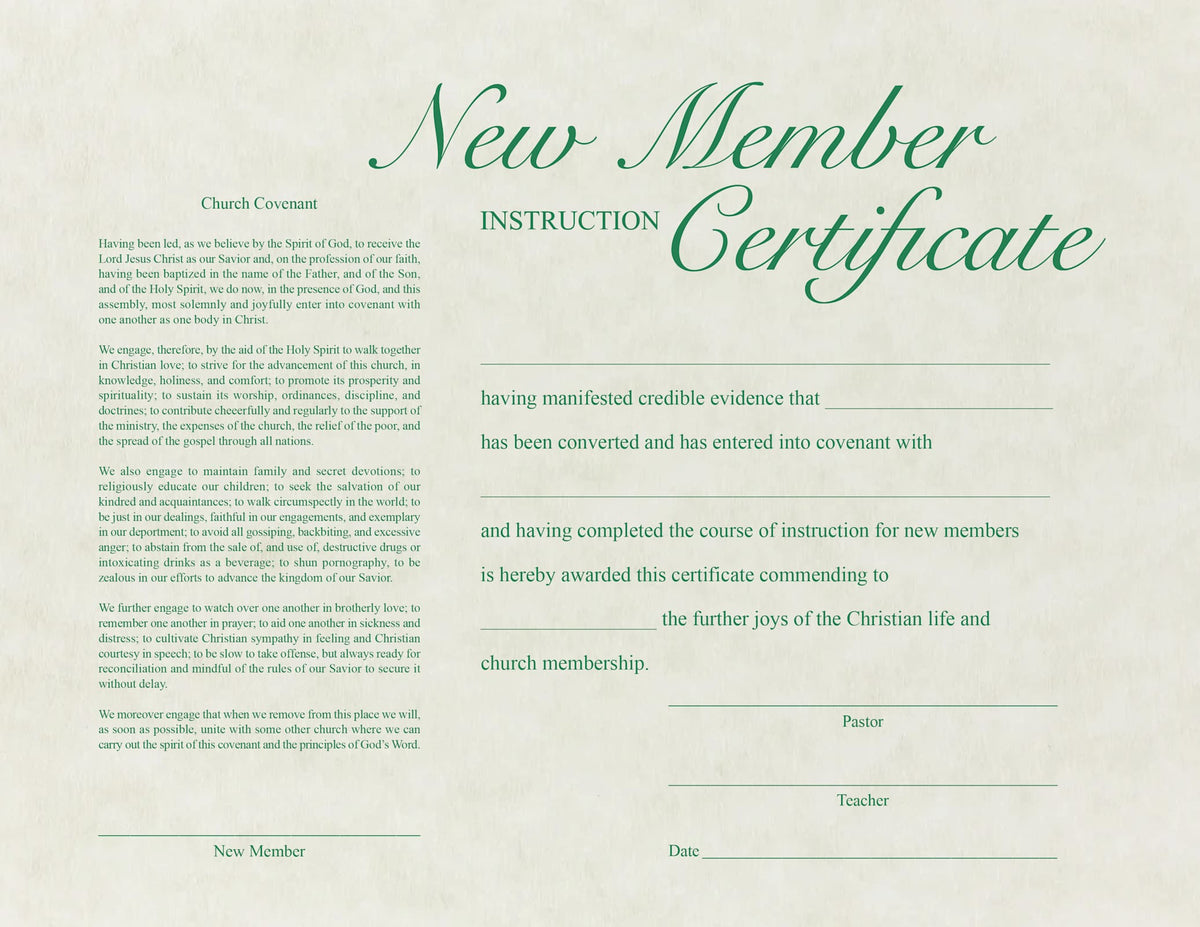New Member Instruction Certificate – Flat Parchment (Package of 6) by Broadman and Holman