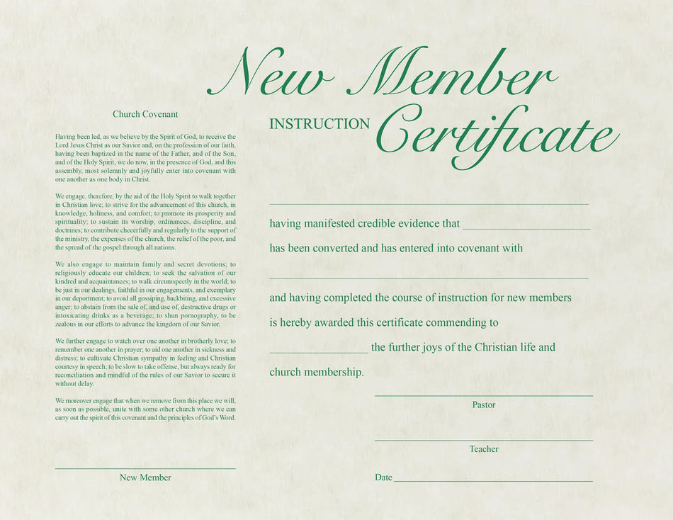 New Member Instruction Certificate – Flat Parchment (Package of 6) by Broadman and Holman