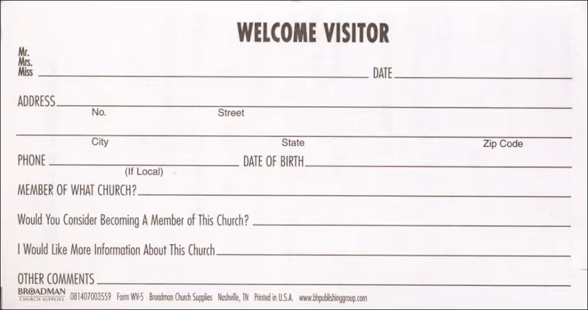 Guest Card - Information for the Pastor: Form WV-5