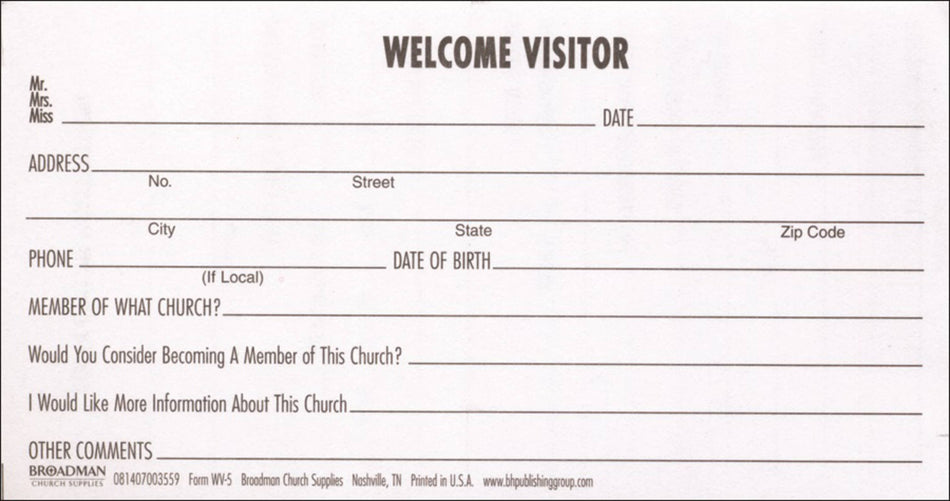 Guest Card - Information for the Pastor: Form WV-5 by Broadman and Holman