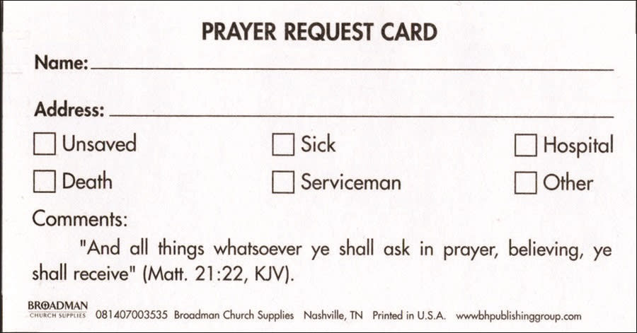 Prayer Request Card (Package of 100): Matthew 21:22 (KJV) by Broadman and Holman