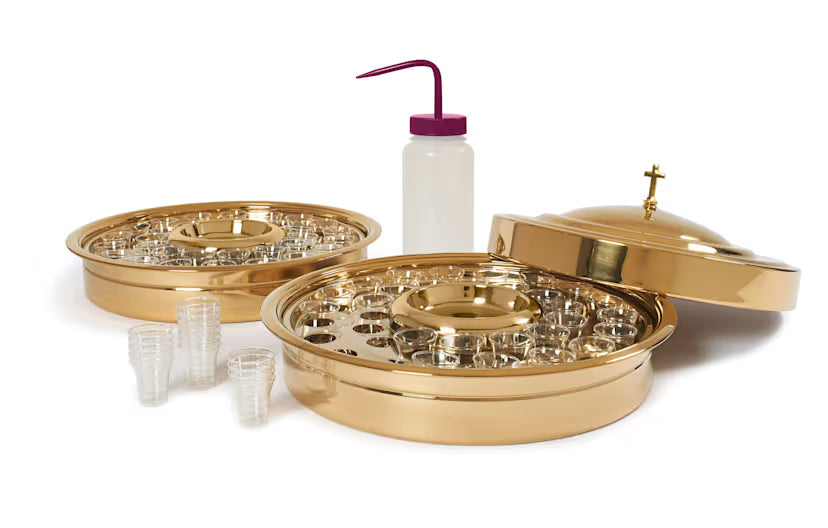 RemembranceWare: Communion Starter Kit - Brass Finish: Stainless Steel Communion Service / Communion Cup Filler / Smooth-Rim Plastic Cups