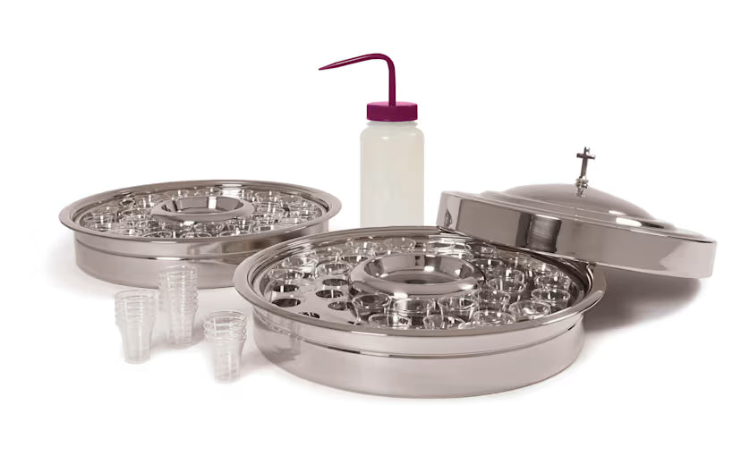 RemembranceWare: Communion Starter Kit - Silver Finish: Stainless Steel Communion Service / Communion Cup Filler / Smooth-Rim Plastic Cups