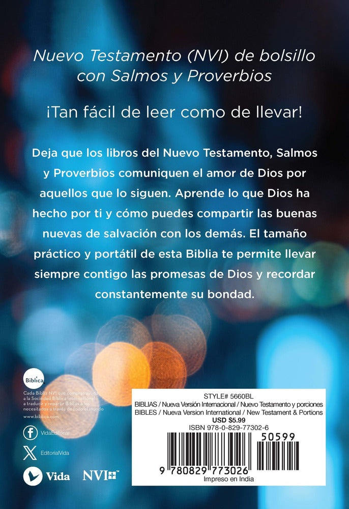 NVI, Nuevo Testamento de bolsillo, con Salmos y Proverbios, Revisión 2022, Tapa Rústica, Luces brillantes, product view 2