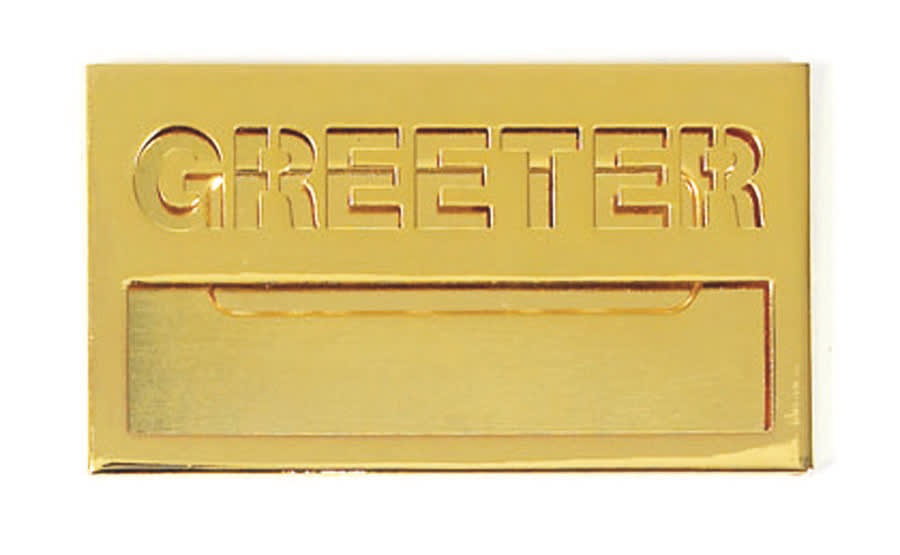 Greeter Badge with Cut-Out Lettering - Brass Finish: Magnetic Attachment by Broadman and Holman