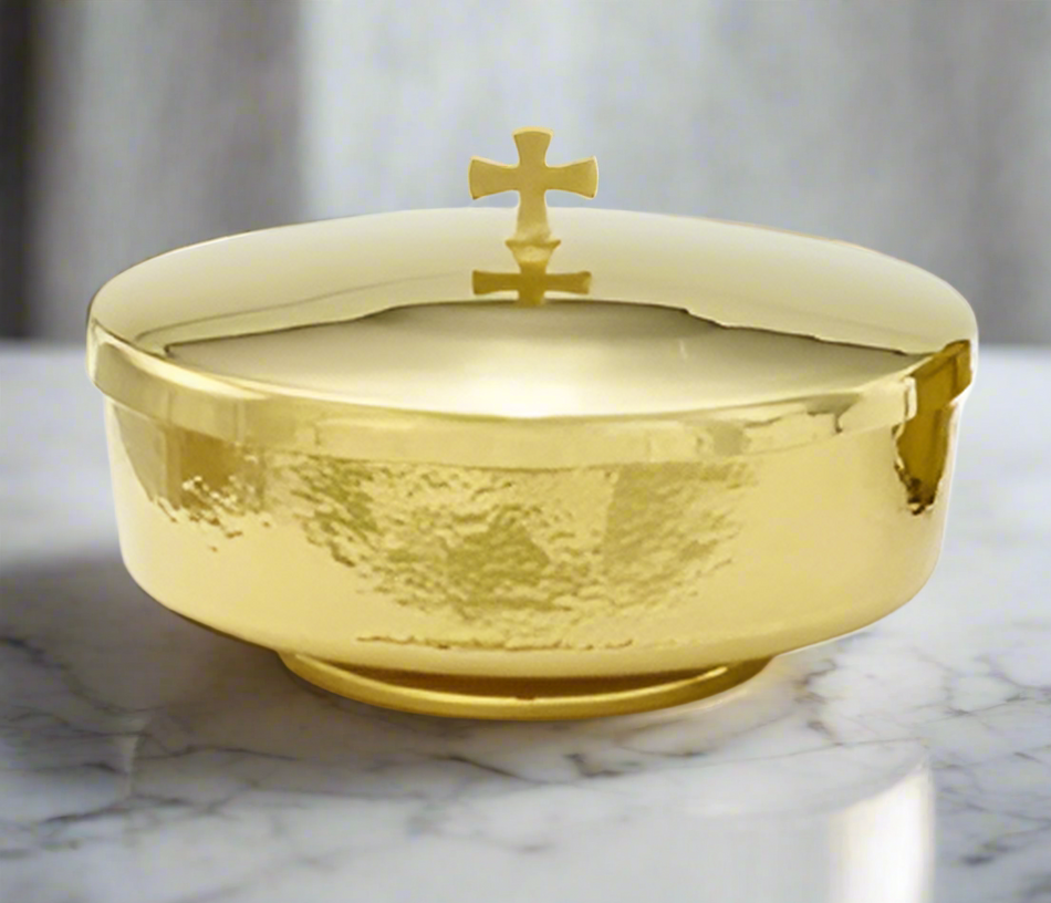 Communion Bowl with Cover | Gold Plated | Hammered Texture | 500 Host