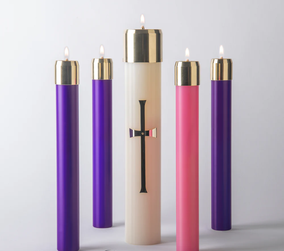 Refillable Advent Oil Candle Set | 3 Purple, 1 Rose | 7/8″ × 12″ or 1‑1/2″ × 12″