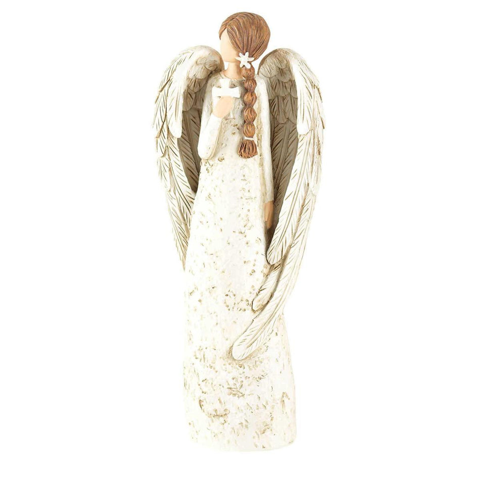 Speckled Cream Angel with Textured Wings and Cross 8 inch Resin Decorative by Dicksons