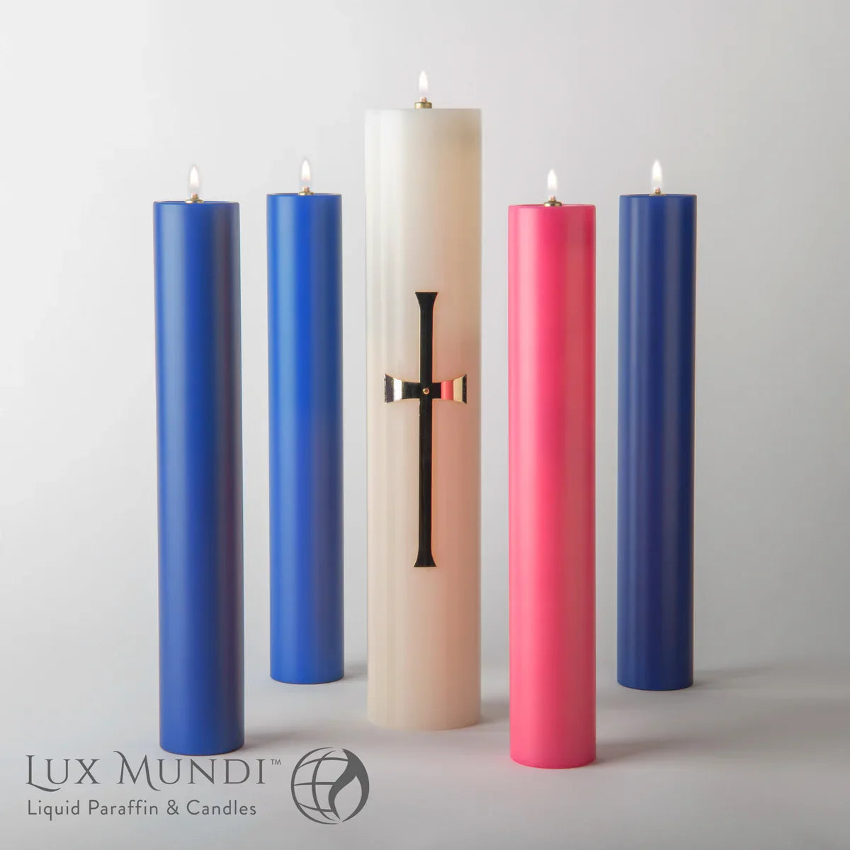 Advent Candle Shells - 3 Blue 1 Rose - Various Sizes, one of the items in the Advent Oil Candle Shells, Three Blue and One Rose, with Refillable Containers, Liquid Paraffin and Wicks. A photograph of the assembled set is pending.