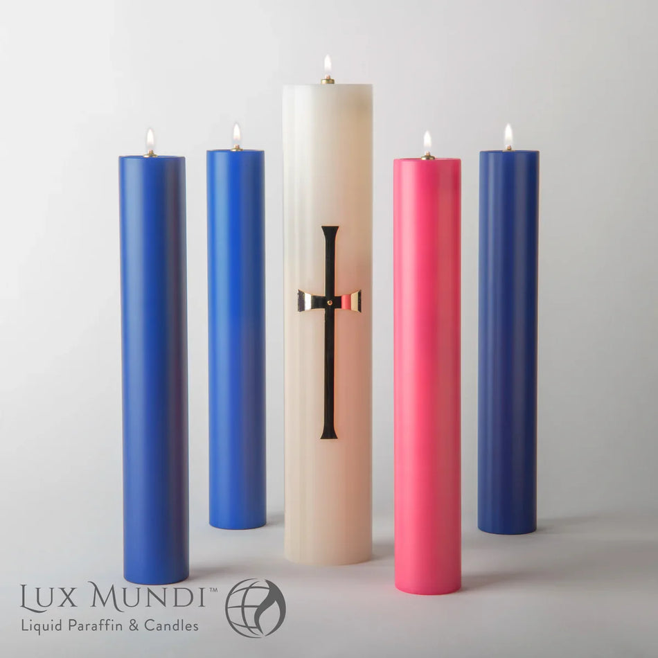Advent Candle Shells - 3 Blue 1 Rose - Various Sizes, one of the items in the Advent Oil Candle Shells, Three Blue and One Rose, with Refillable Containers, Liquid Paraffin and Wicks. A photograph of the assembled set is pending.