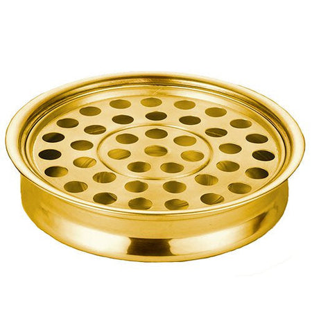 Polished Aluminum Communion Tray - Brass Tone, one of the items in the Brass Tone Polished Aluminum Communion Tray and Stacking Bread Plate. A photograph of the assembled set is pending.