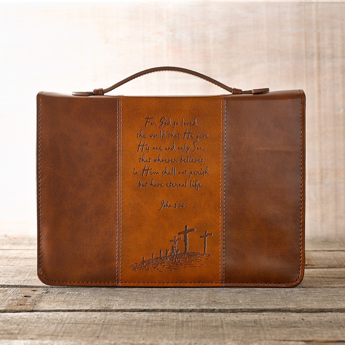 For God So Loved the World Two-tone Tan Faux Leather Classic Bible Cover - John 3:16 by Christian Art Gifts, product view 6