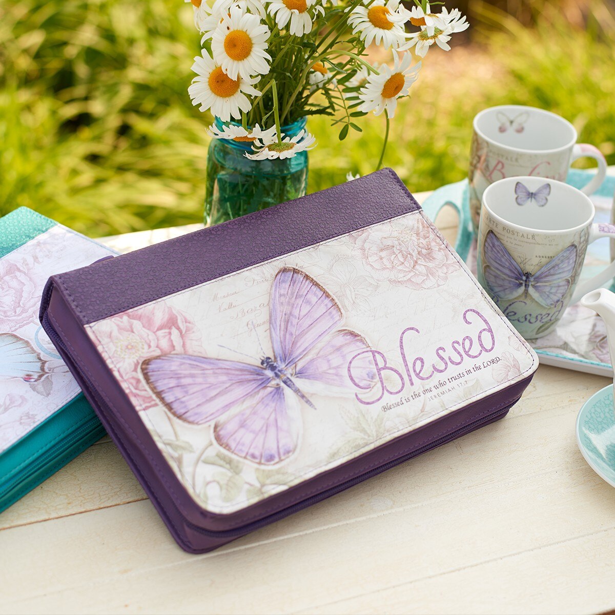 Blessed Purple Butterfly Blessings Faux Leather Fashion Bible Cover - Jeremiah 17:7 by Christian Art Gifts, product view 6