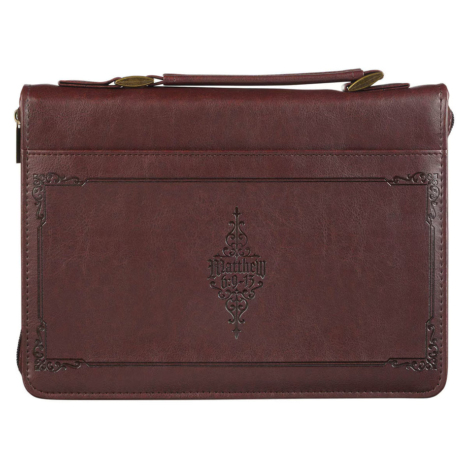 The LORD's Prayer Walnut and Burgundy Faux Leather Classic Bible Cover - Matthew 6: 9-13
