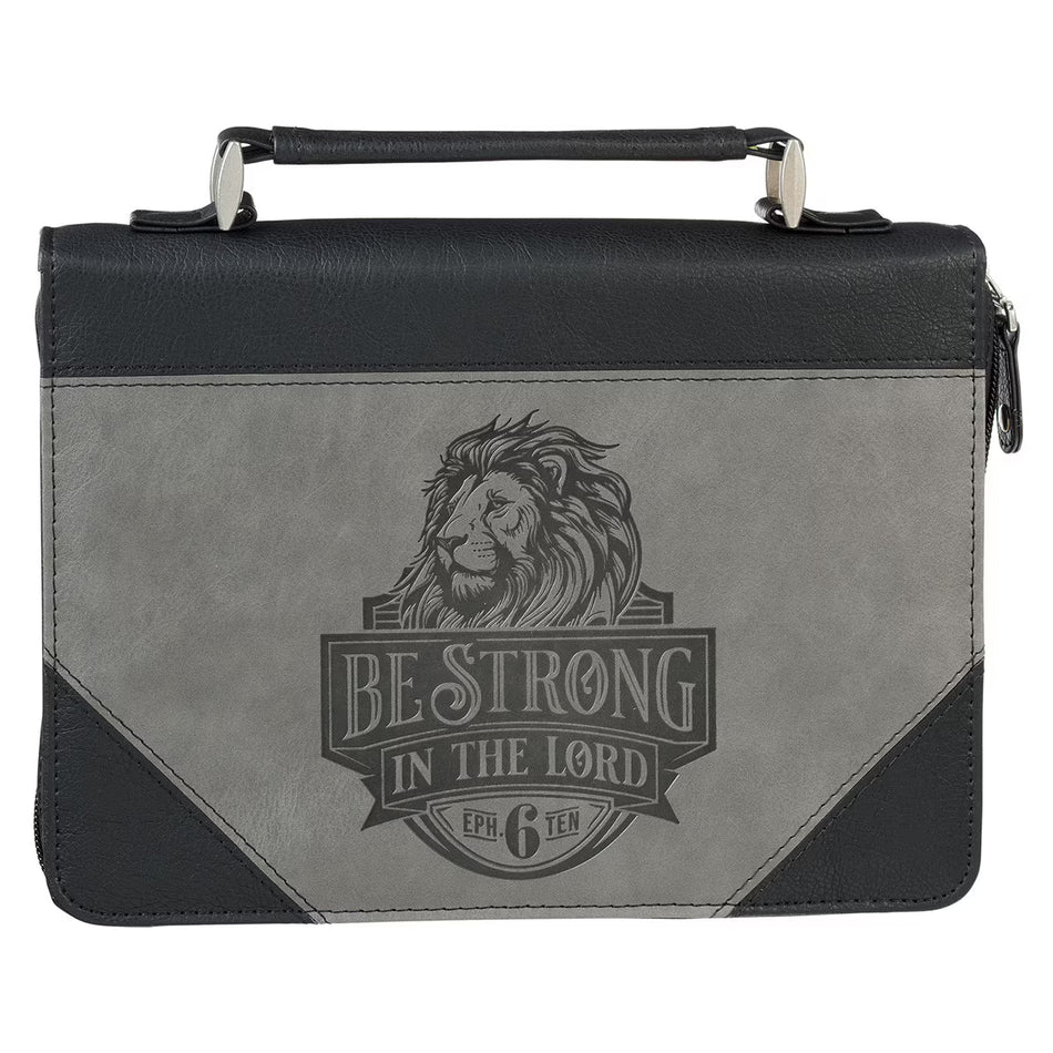 Be Strong in the Lord Black and Gray Lion Faux Leather Classic Bible Cover - Ephesians 6:10