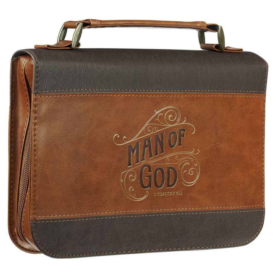Man of God Honey-Brown and Espresso Faux Leather Bible Cover - 1 Timothy 6:11 by Christian Art Gifts, product view 2