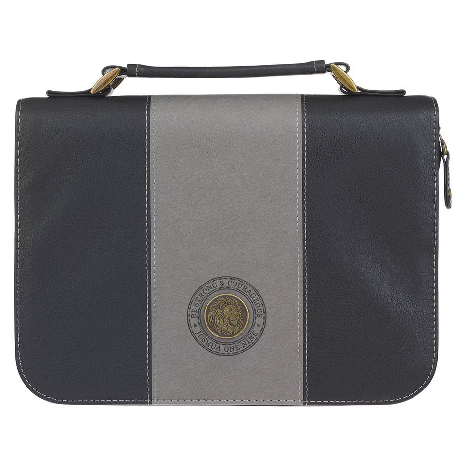 Be Strong and Courageous Gray and Black Faux Leather Classic Bible Cover - Joshua 1:9