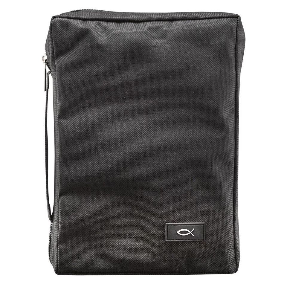 Polyester with Fish Badge in Black Bible Cover