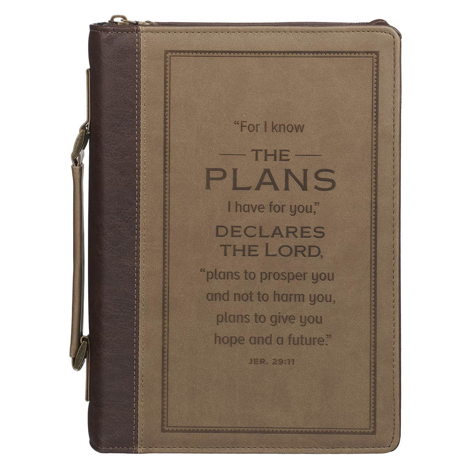 The Plans Cocoa Brown and Taupe Faux Leather Classic Bible Cover - Jeremiah 29:11