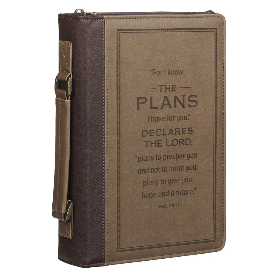 The Plans Cocoa Brown and Taupe Faux Leather Classic Bible Cover - Jeremiah 29:11