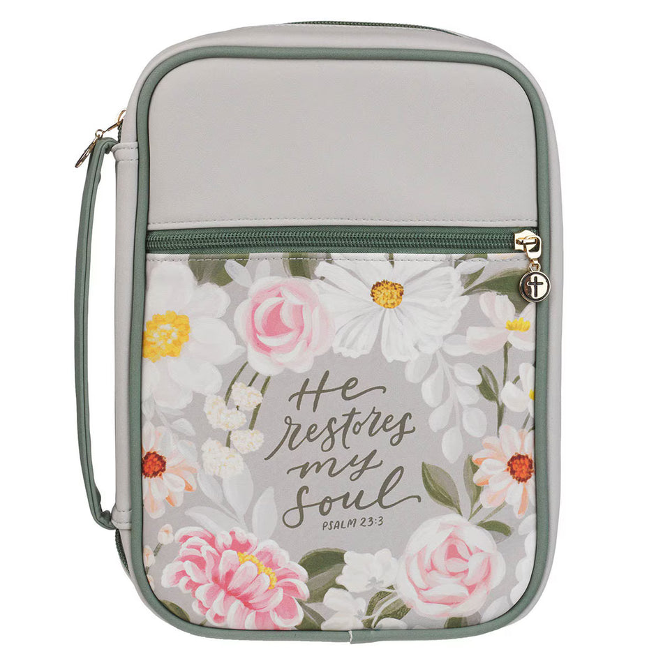 He Restores My Soul Gray Faux Leather Fashion Bible Cover - Psalm 23:3