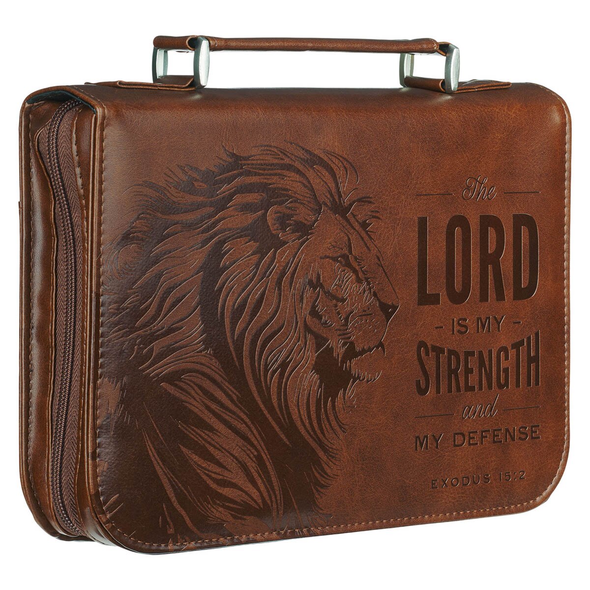 The Lord is My Strength Lion Honey-brown Faux Leather Classic Bible Cover - Exodus 15:2, product view 6