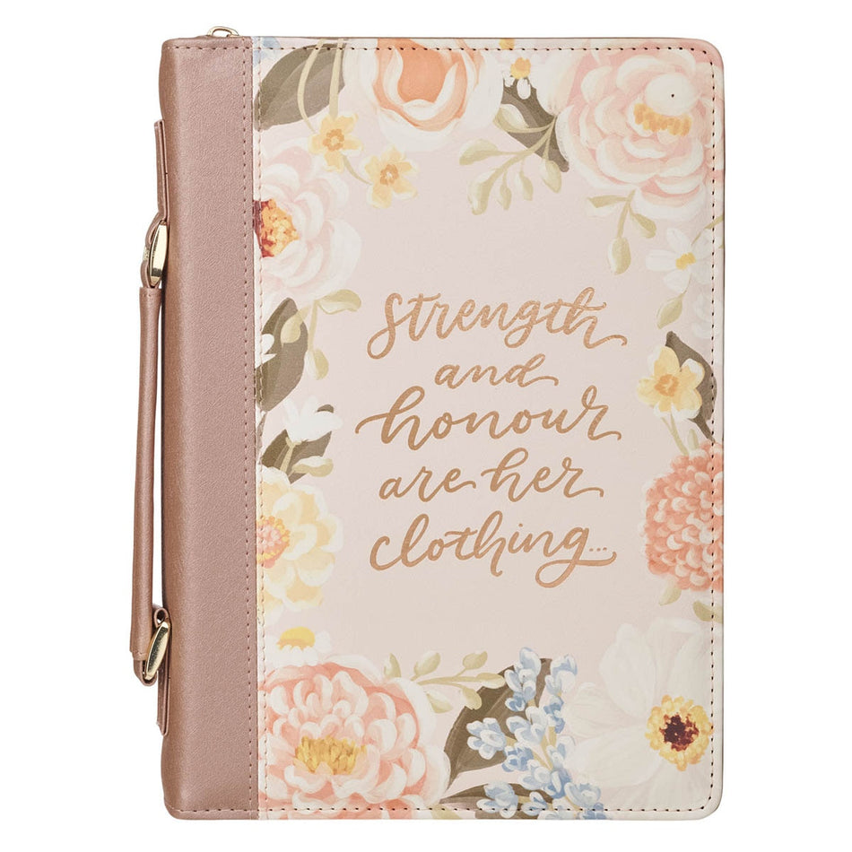Strength and Honor Pink Floral Faux Leather Fashion Bible Cover - Proverbs 31:25 by Christian Art Gifts