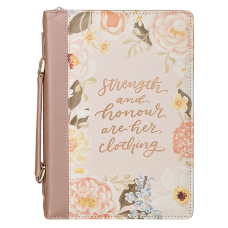 Strength and Honor Pink Floral Faux Leather Fashion Bible Cover - Proverbs 31:25 (800157) by Christian Art Gifts