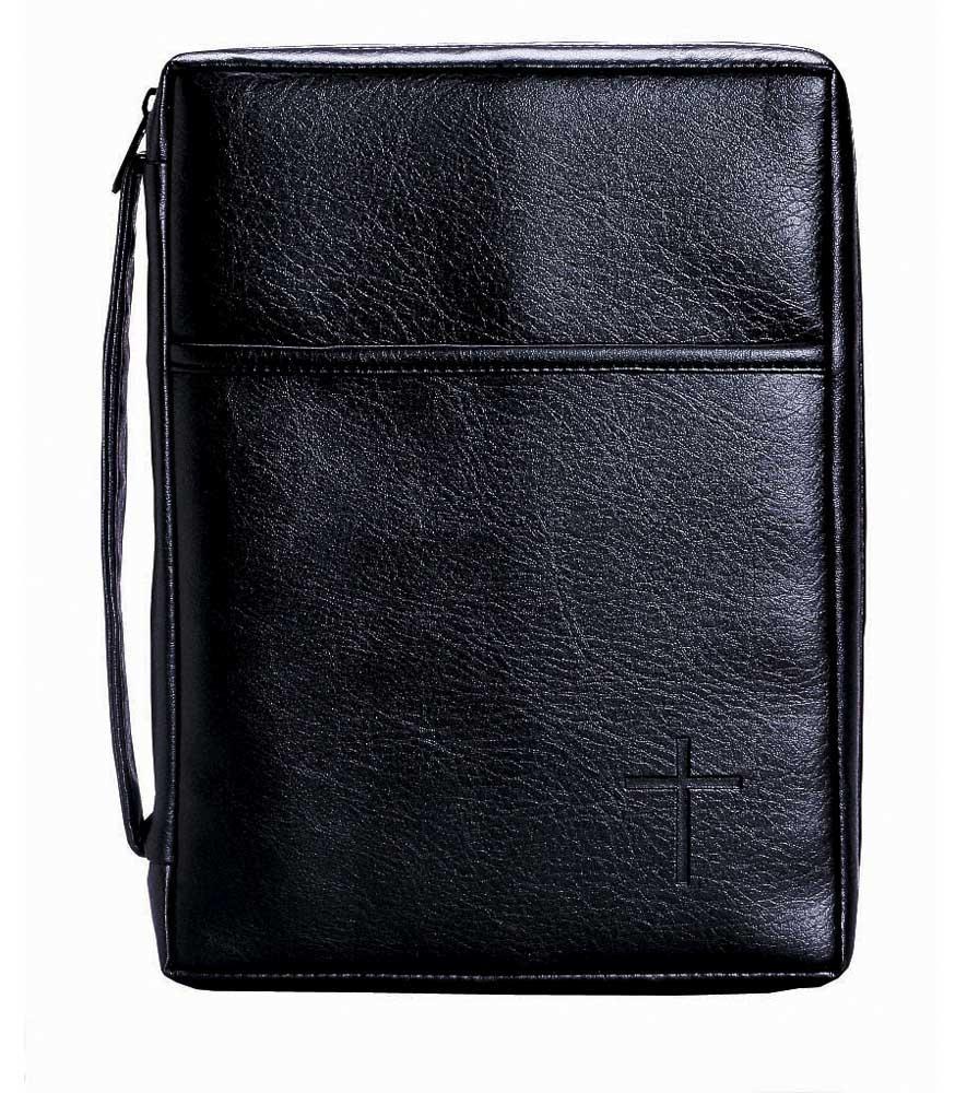 Soft Black Embossed Cross with Front Pocket Leather Look Bible Cover with Handle by Dicksons