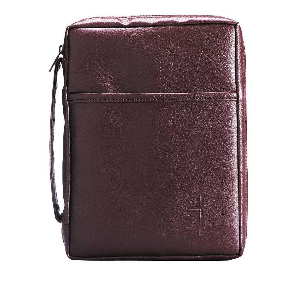 Burgundy Embossed Cross with Front Pocket Leather Look Bible Cover with Handle by Dicksons