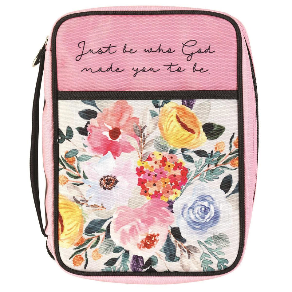 Be Who God Made You Pink Floral Large Polyester Zippered Bible Cover with Handle by Dicksons