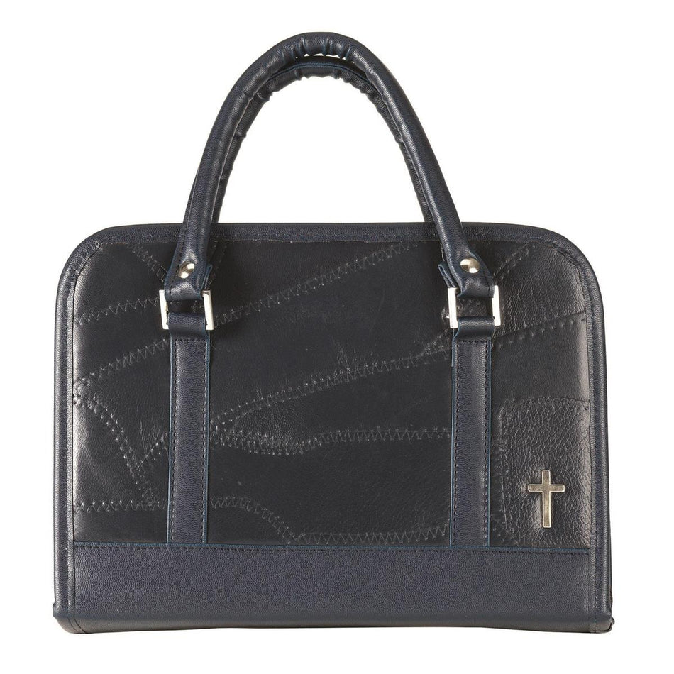 Patchwork Dark Navy Blue Large Print Genuine Leather Bible Cover with Handle by Dicksons