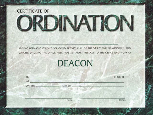 Certificate of Ordination for Deacon | Elegant Marble-Look, 4-Color | Pack of 6