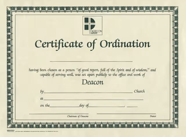 Certificate of Ordination for Deacon | Beige Parchment & Green Ink, 8.5″×11″ Flat | Pack of 6