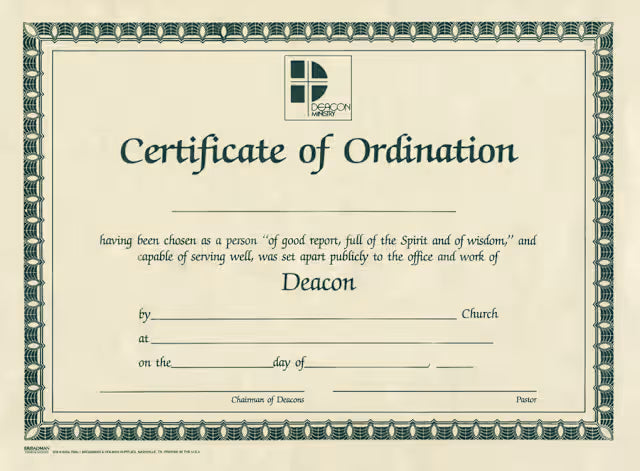 Certificate of Ordination for Deacon | Beige Parchment & Green Ink, 8.5″×11″ Flat | Pack of 6