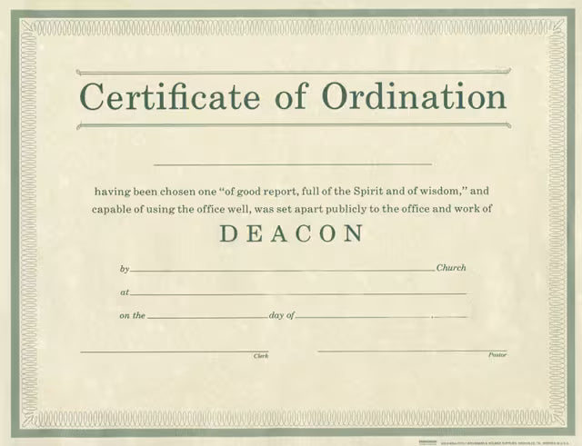 Certificate of Ordination for Deacon | Beige Parchment & Green Ink (8.5″×11″) | Pack of 6